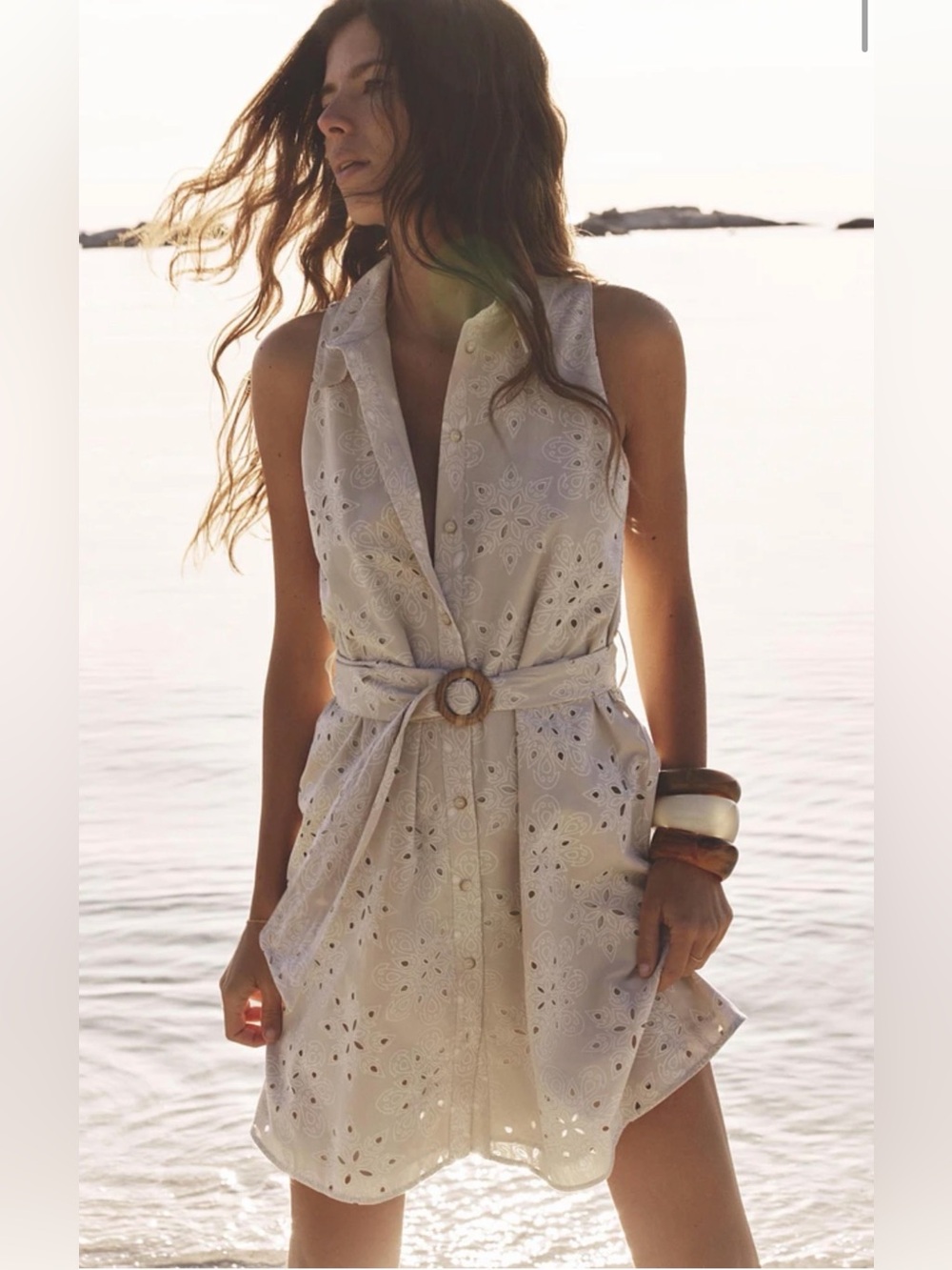 ZARA Sleeveless Beige Eyelet Shirt Dress with Tie Waist